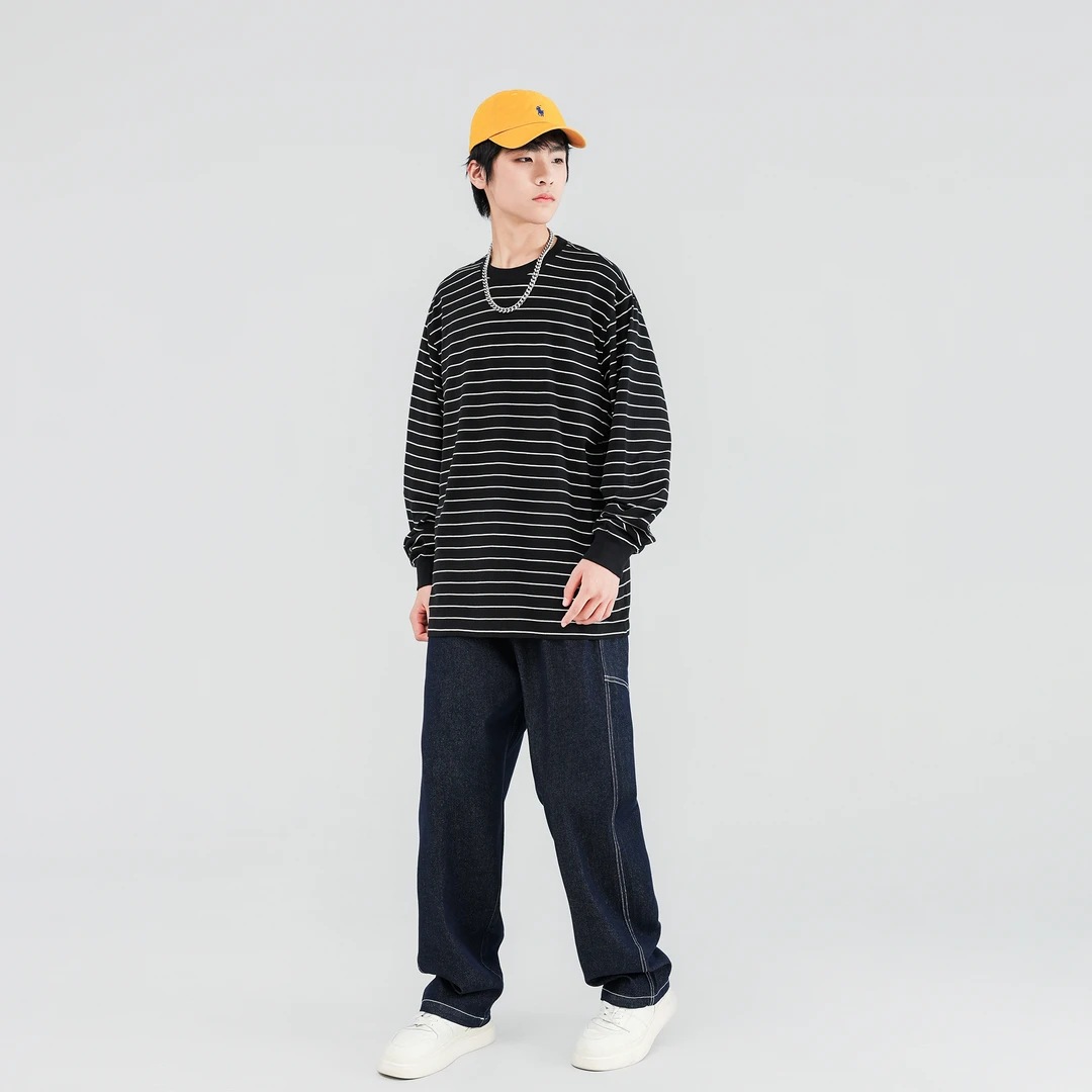 长袖T恤青少年时尚潮流简约百搭宽松圆领条纹秋季复古美式长袖T恤