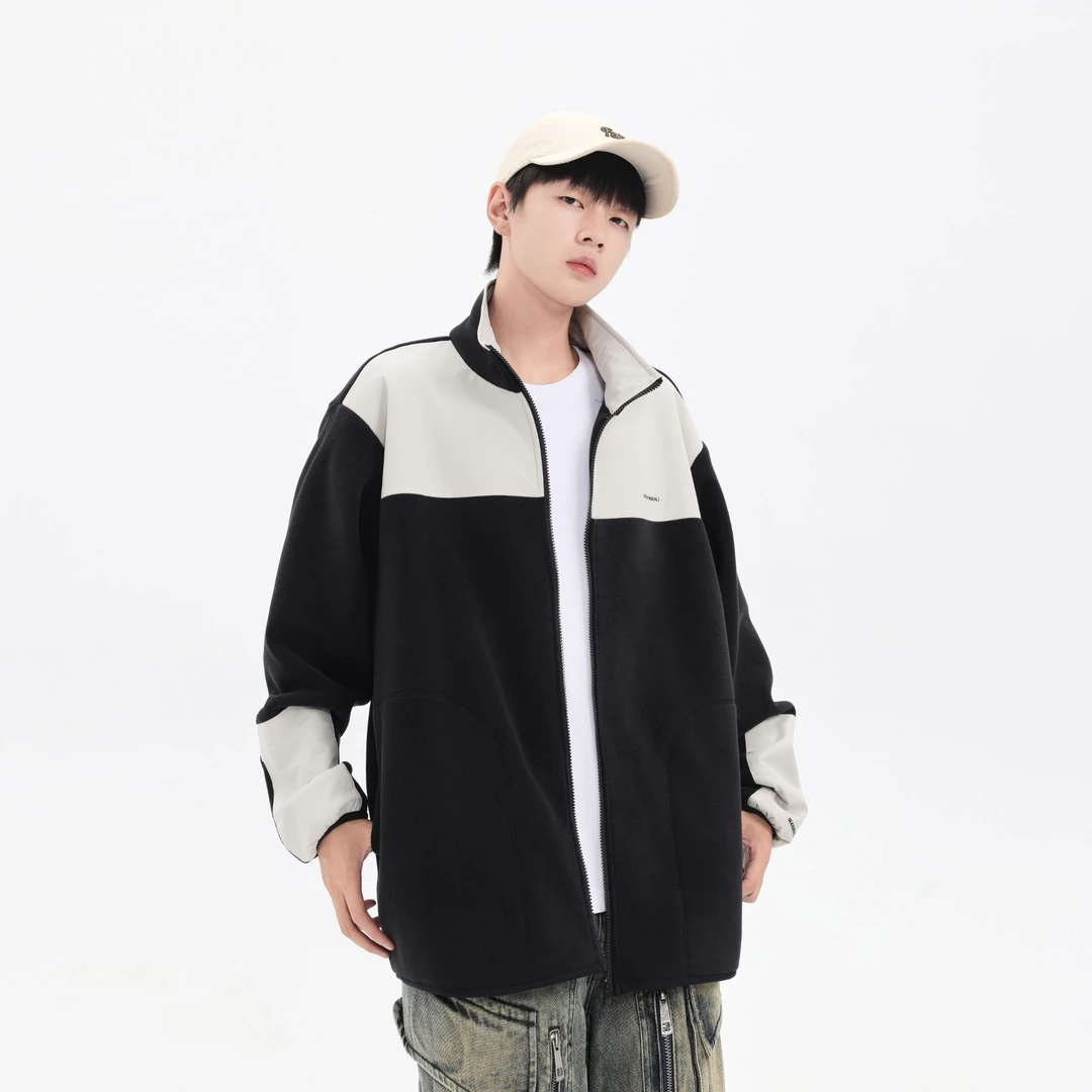 双面绒外套青少年时尚潮流简约百搭立领拼色休闲运动秋冬季绒外套