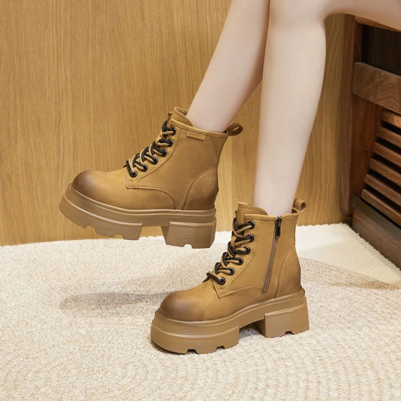 增高8.cm马丁靴女2025冬季新款复古中筒靴百搭厚底加绒短靴大黄靴