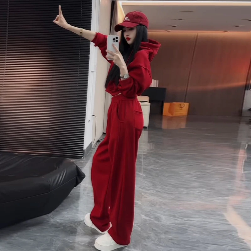 欧货炸街休闲运动套装女2025年秋冬洋气红色连帽卫衣阔腿裤两件套