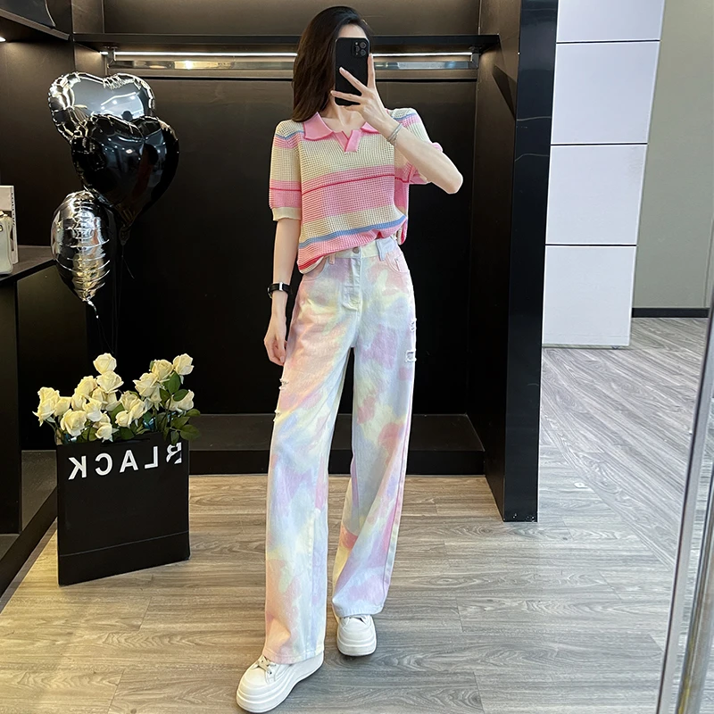 2024夏季新款网红多巴胺针织衫上衣时尚扎染彩色高腰中通牛仔裤潮