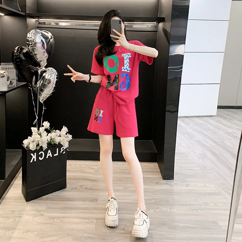 大码胖mm休闲运动套装女2024新款夏季慵懒宽松短袖T恤短裤两件套
