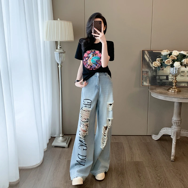 流行时尚洋气时髦套装女复古破洞高腰牛仔裤高街夏季新中式两件套