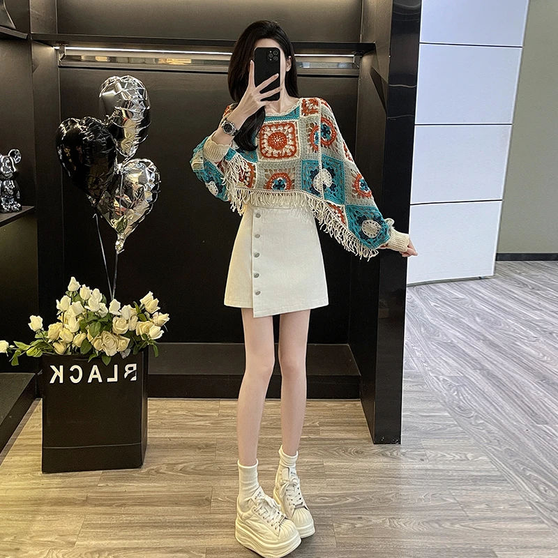 多巴胺蝙蝠袖镂空针织衫时尚休闲套装裙秋季牛仔半身裙短裙两件套