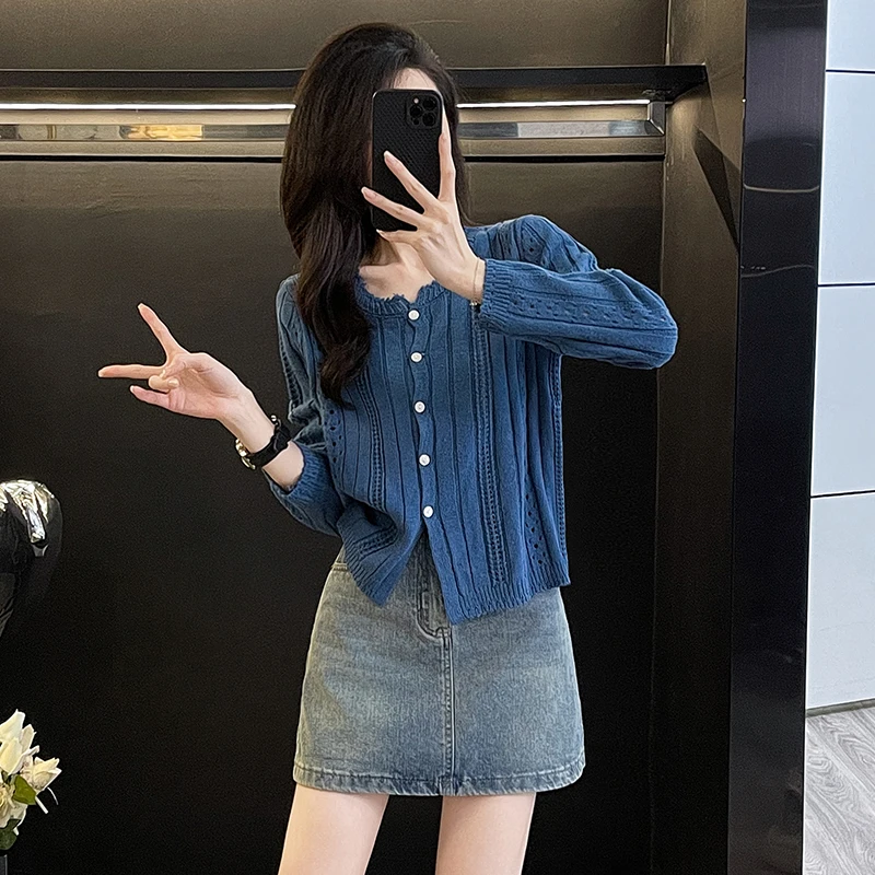 木耳边镂空针织衫女开衫2024早春新款百搭长袖外套钩花空调衫上衣