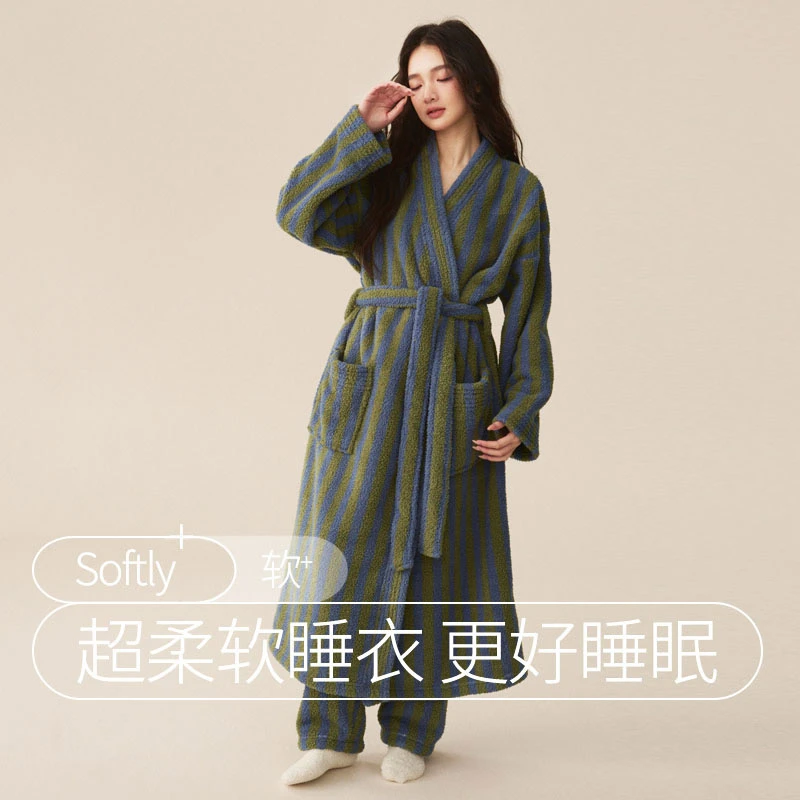睡袍女秋冬季珊瑚绒男士浴袍情侣睡衣新款条纹加长款浴衣加厚冬天