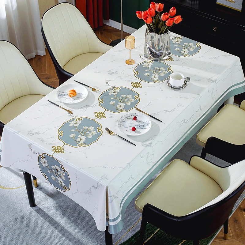白玉兰天丝感PU长方形桌布茶几布新中式免洗台布防水防油防烫家用