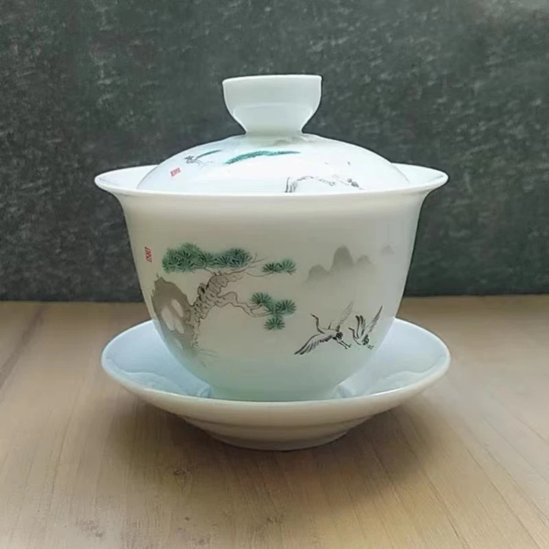 【明韵瓷器】德化白瓷羊脂玉三才盖碗仙鹤手绘釉下彩家用 办公盖碗
