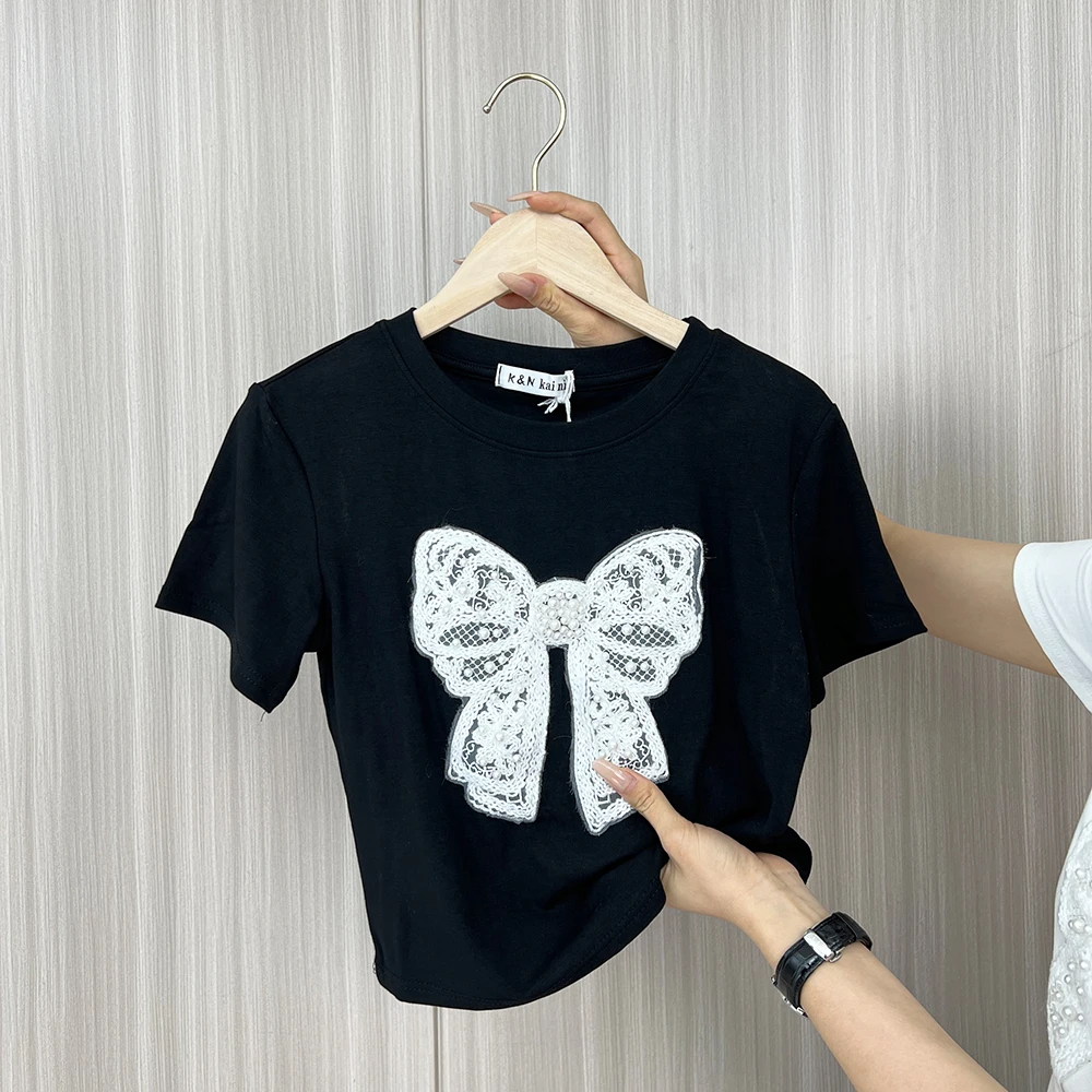 时尚T恤休闲百搭夏季黑色圆领重工气质洋气宽松修身上衣设计感