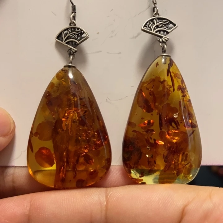 琥珀（花珀）耳饰银S925镶嵌琥珀