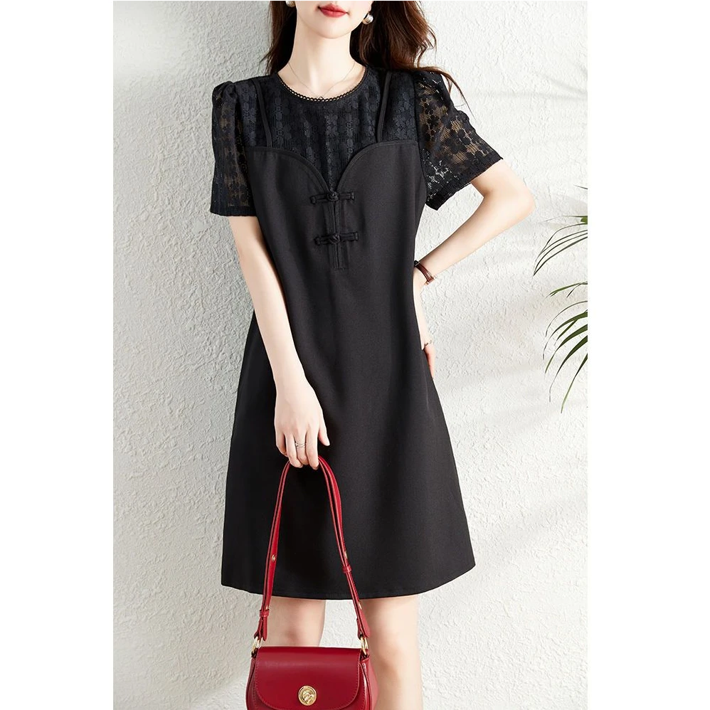 蕾丝拼接假两件吊带大码连衣裙女夏2024新款中国风盘扣气质小黑裙
