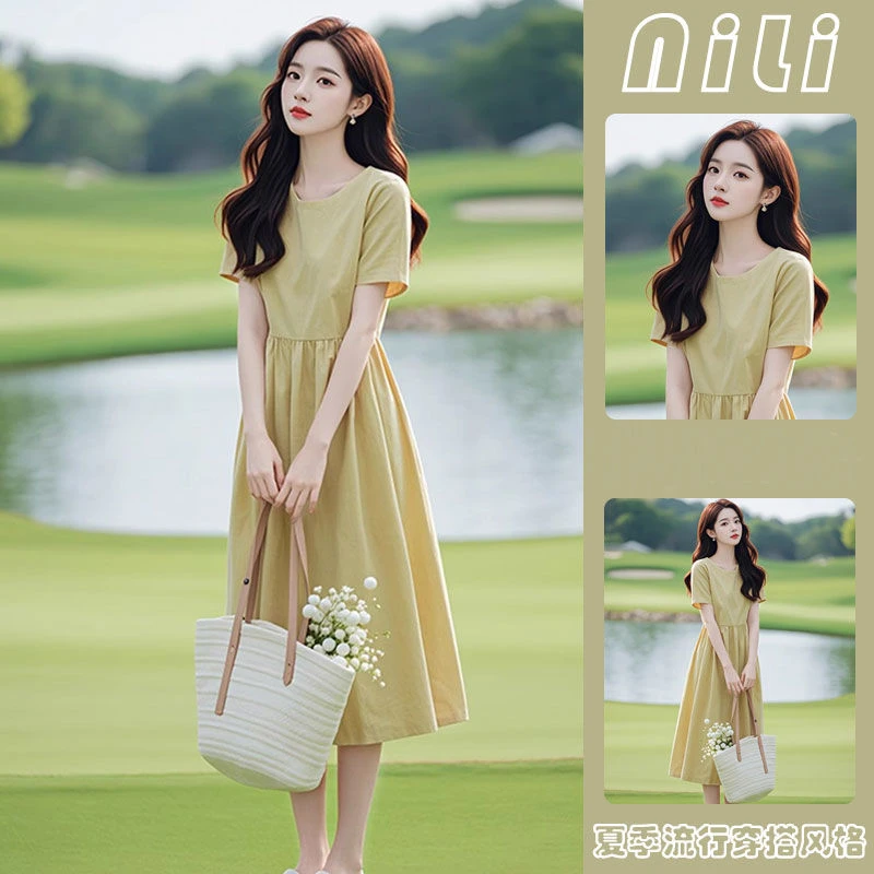 法式简单大方独特绝美小个子显高显瘦黄色大码连衣裙子夏季中长裙