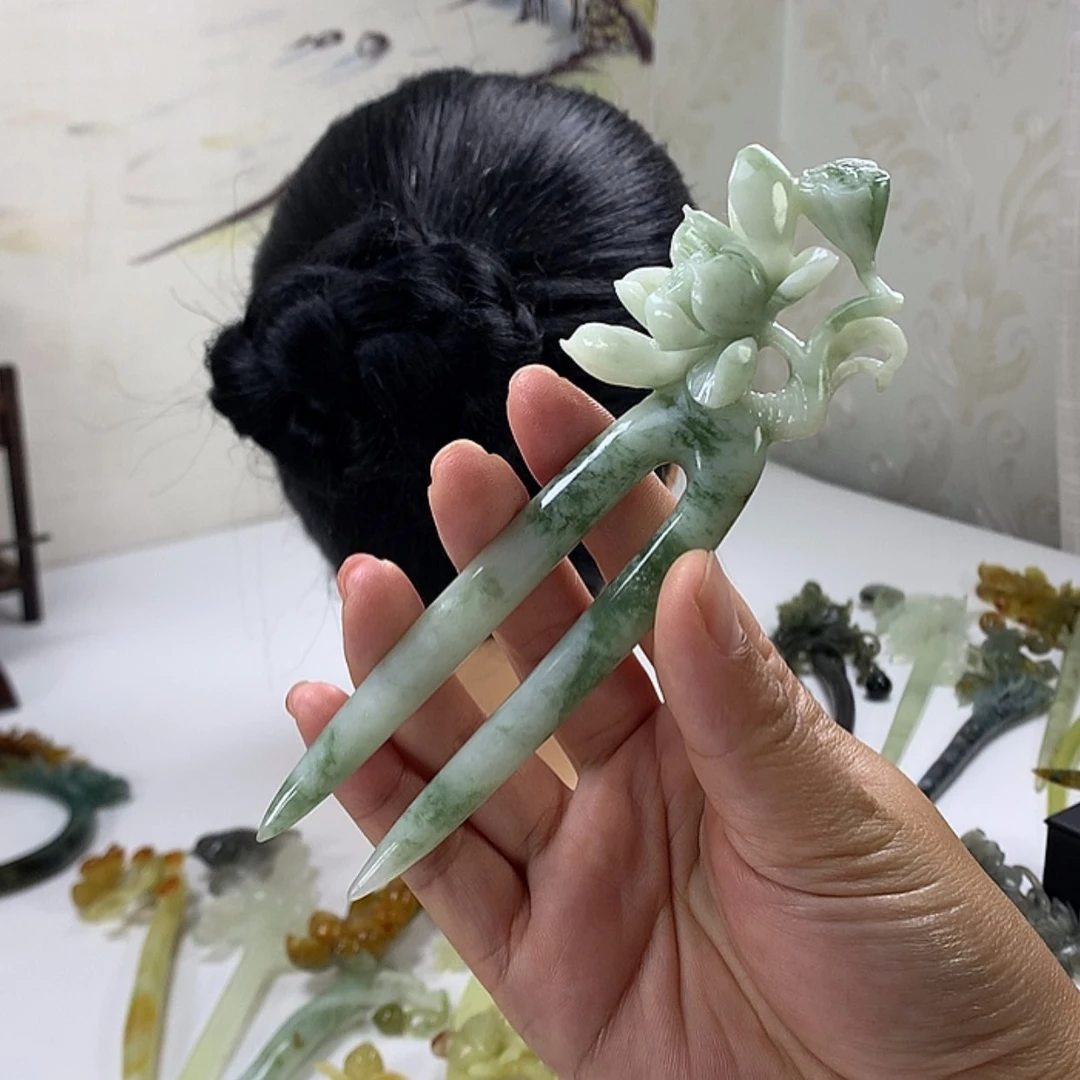 【闪购商品】岫玉发饰未镶嵌?***鸾岫玉荷花双插发簪