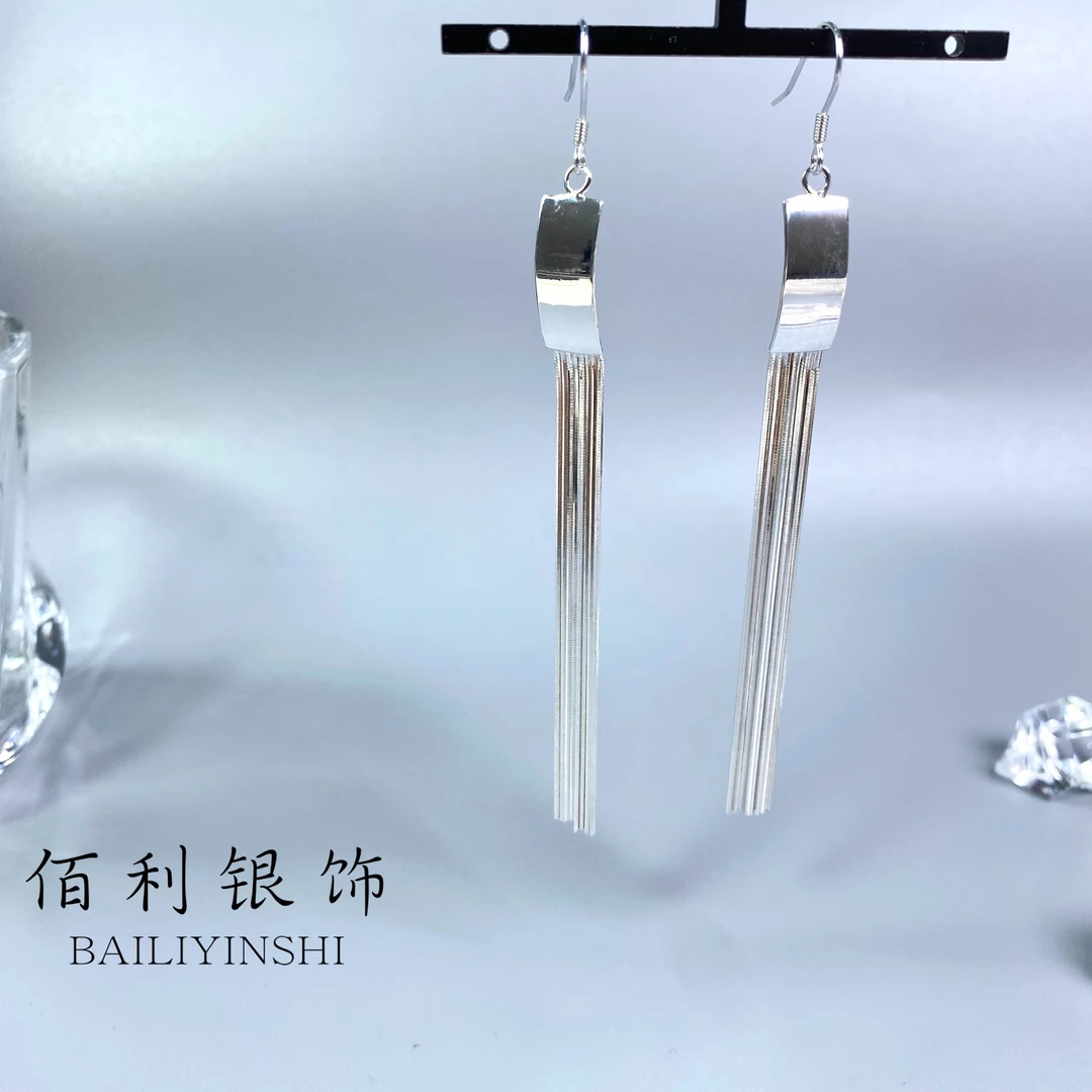 足银耳饰 足银990长方形耳钩 凸面长款高档大气耳环网红夸张耳环