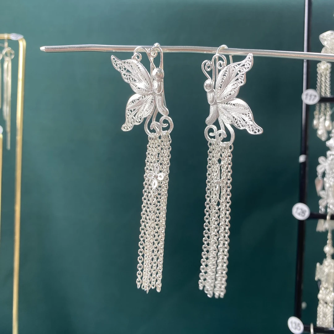 足银耳饰 佰利银饰 足银蝴蝶流苏耳环长款古风民族风纯手工复古