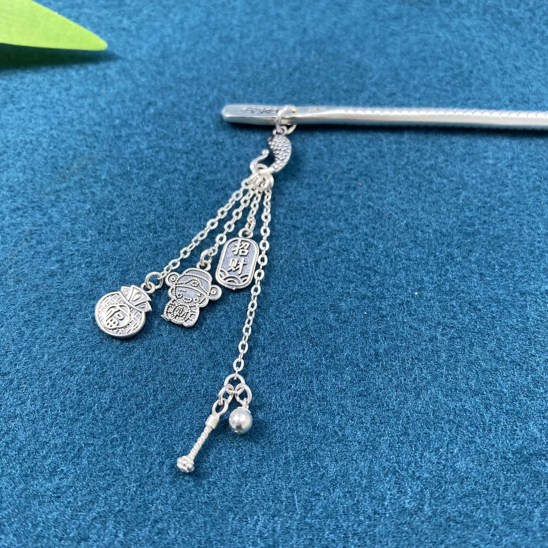 足银银制品 足银复古古风招财纳福发簪精致做旧素款时尚实心简约