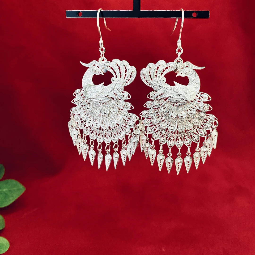 足银耳饰 佰利银饰 足银凤凰回头流苏耳环民族风苗族纯手工复古