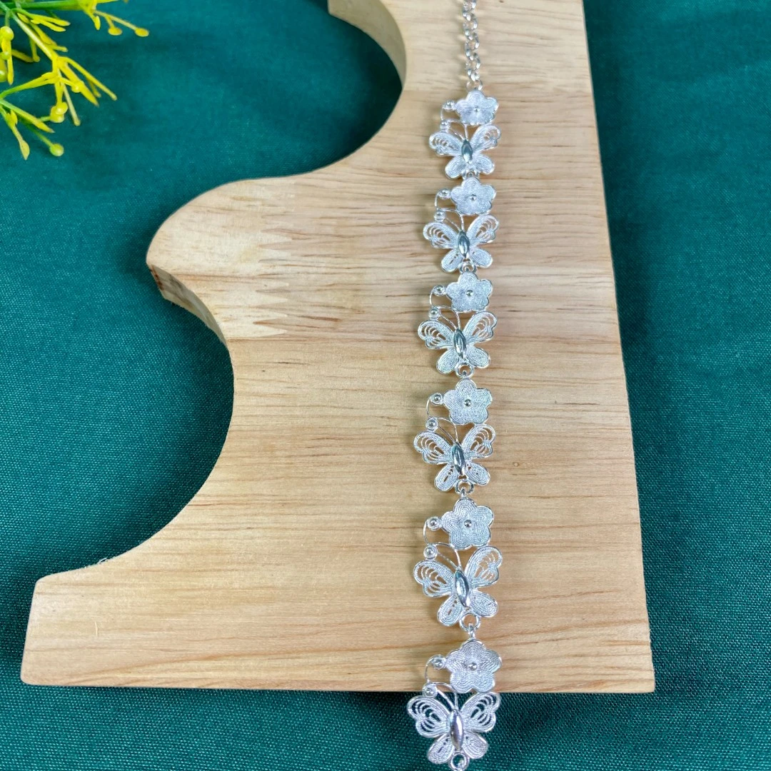 足银手链 足银990蝴蝶手链 民族风精美蝴蝶款复古双面手链重工