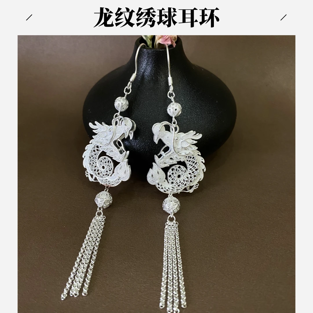 足银耳饰 佰利银饰足银耳钩耳坠流苏耳环纯银古风国风传统工艺