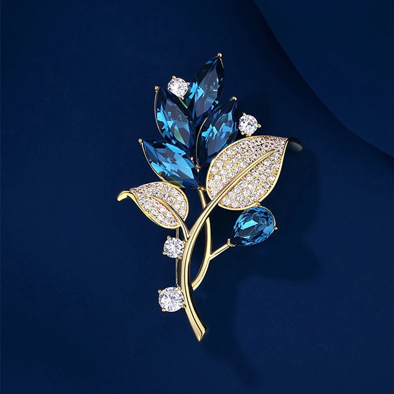 合金仿水晶胸针 【花繁叶茂】百搭优雅时尚感 轻奢蓝色高档简约胸针