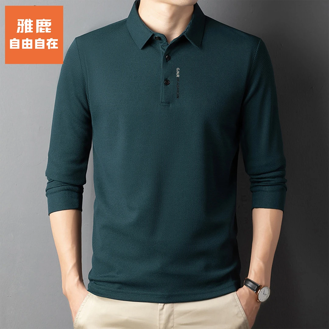 雅鹿•自由自在长袖t恤男华夫格翻领polo衫薄款商务休闲宽松打底衫