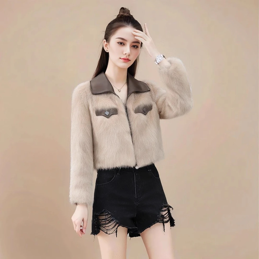 小香风短款翻领拼接设计仿狐狸毛皮草外套女秋冬长袖显高减龄上衣