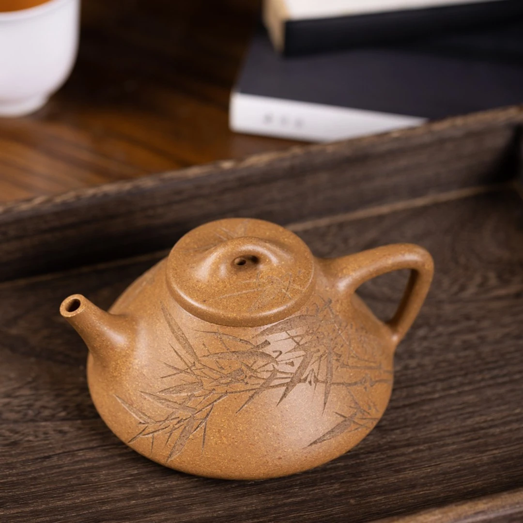 紫砂臻品 《子冶石瓢》刘兆俊 刻绘 竹 |老段料 |全手工 |约260cc