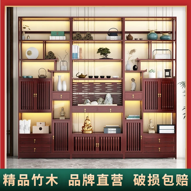 新中式博古架新中式高款多宝阁现代复古茶叶收纳展示架茶壶置物架
