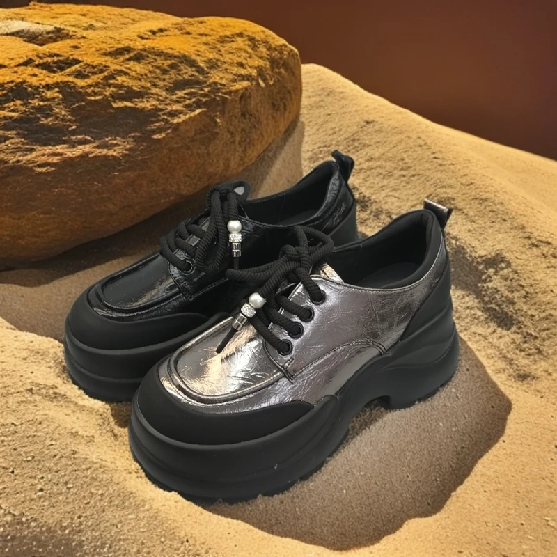 艾蘇爆款厚底增高小皮鞋女2024秋季新款圆头系带英伦风拼色乐福鞋