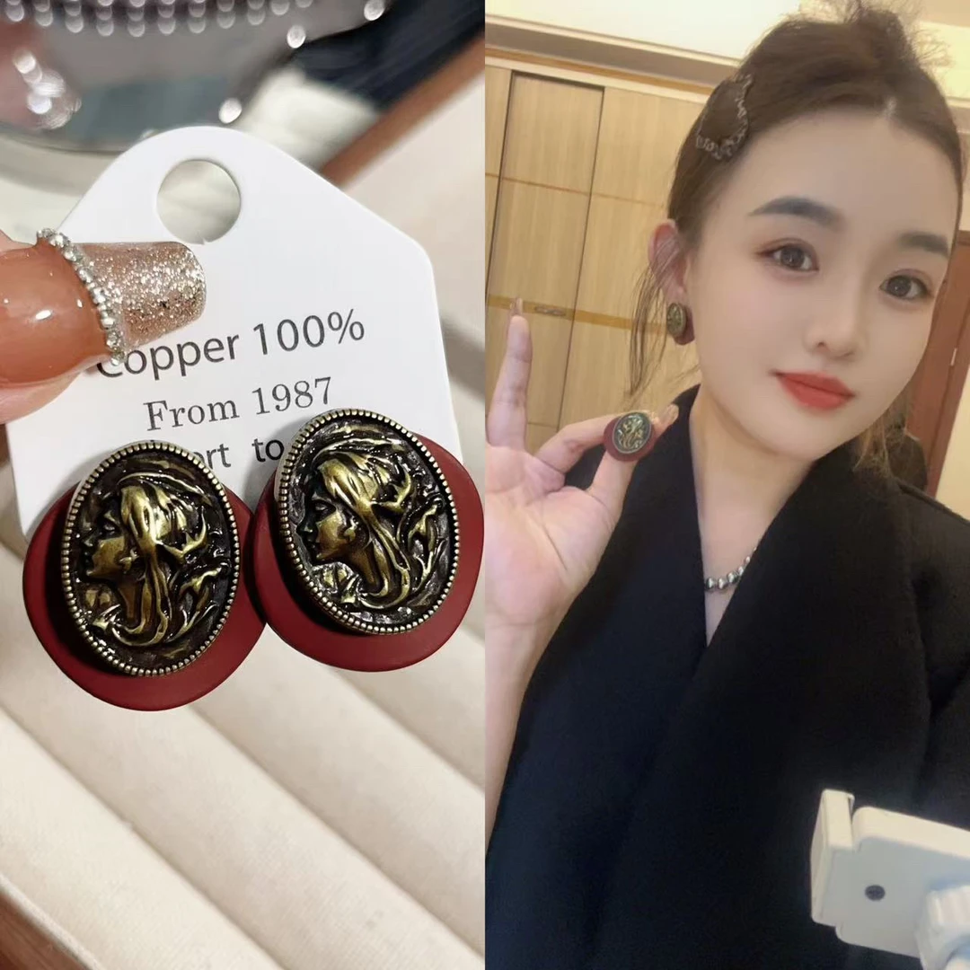 铜合金耳饰 复古椭圆美人头像安可拉红复古耳环秋冬耳饰 S105