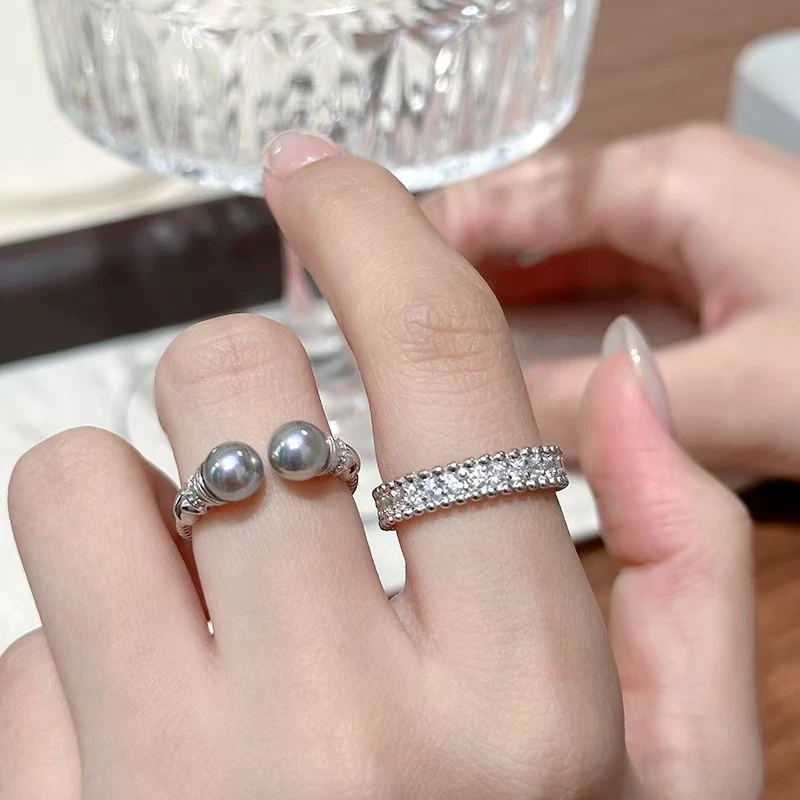 铜合金戒指 法式简约小众设计ins风麻灰珠珠戒指 F283