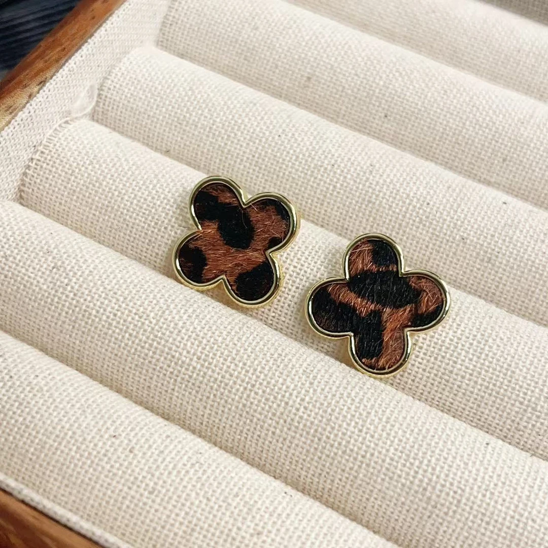 铜合金耳饰 【幸运花】时尚复古气质豹纹小众高级百搭耳饰 S74