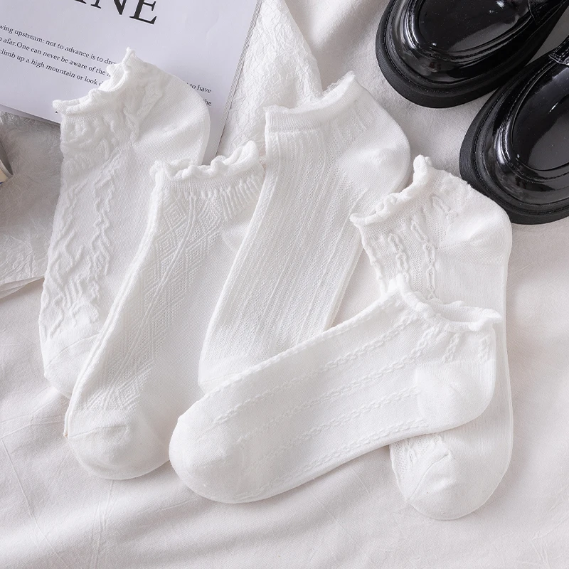 短袜女士春夏甜美花边袜口小清新低帮短筒百搭白色透气吸汗棉袜子