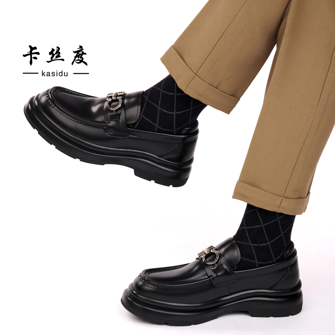 春季新款男士一脚蹬时尚百搭商务休闲皮鞋舒适透气软底增高乐福鞋