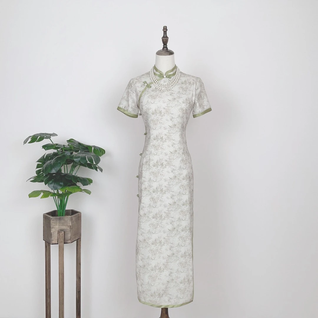 【清欢】民国风气质优雅年轻长款旗袍竹子连衣裙夏季中长款全包边