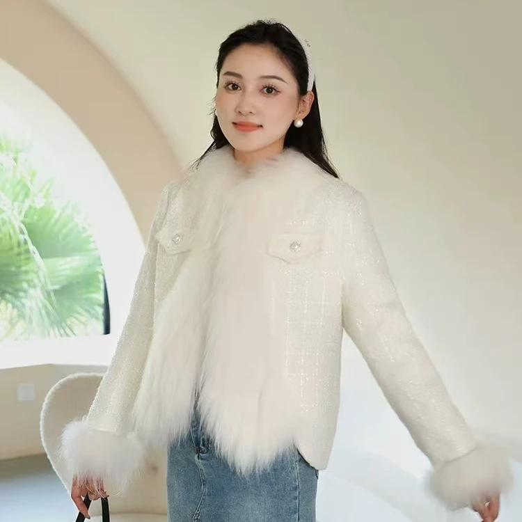 【轻奢元素】新款女富家千金名媛小香风狐狸毛粗花呢短款外套-8065
