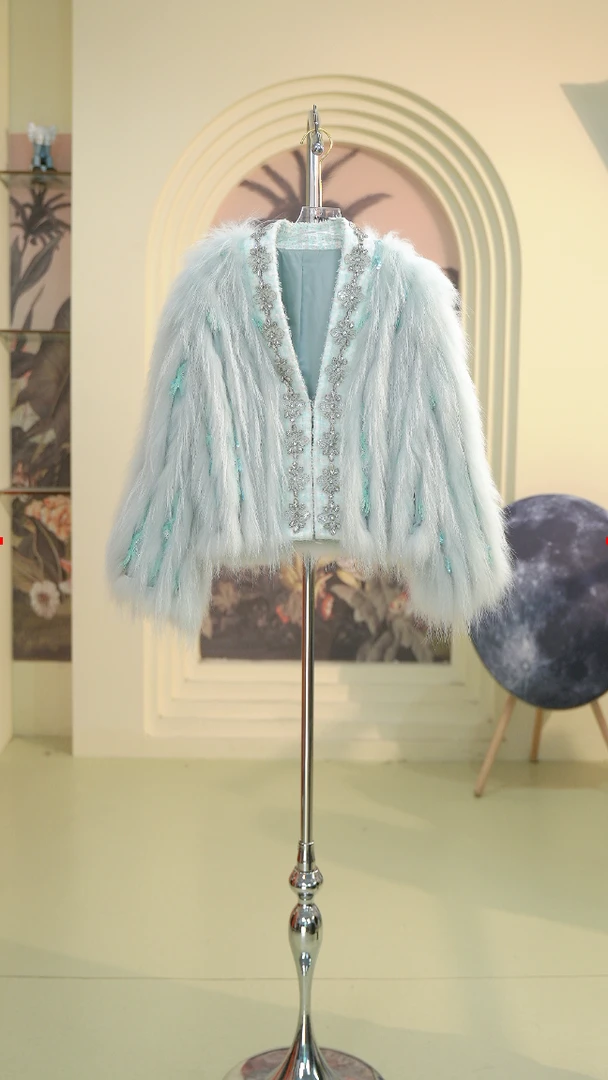 【婷婷专属】小香风貉子毛名媛皮草外套女式短秋冬款v领时尚7366