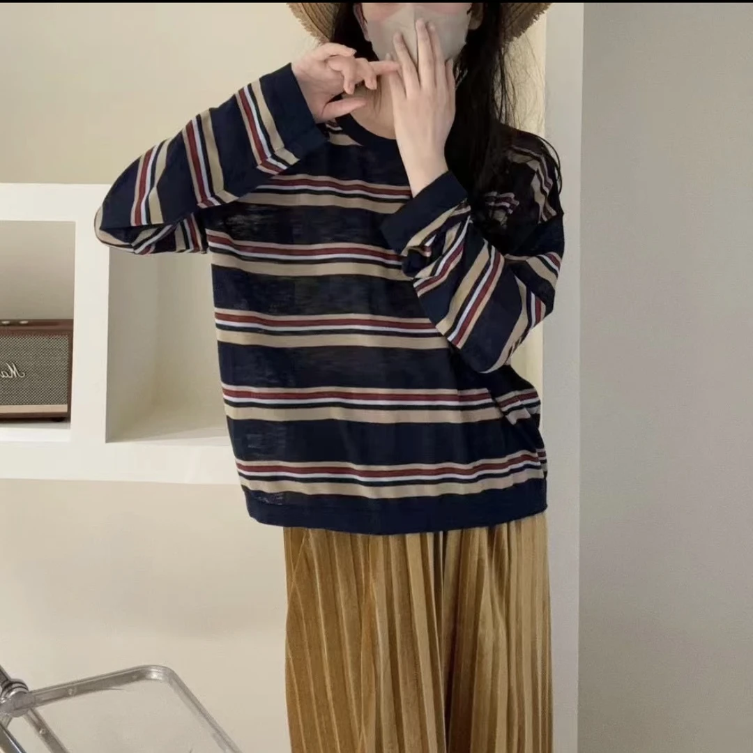 条纹圆领长袖宽松防晒衣时尚韩版上衣