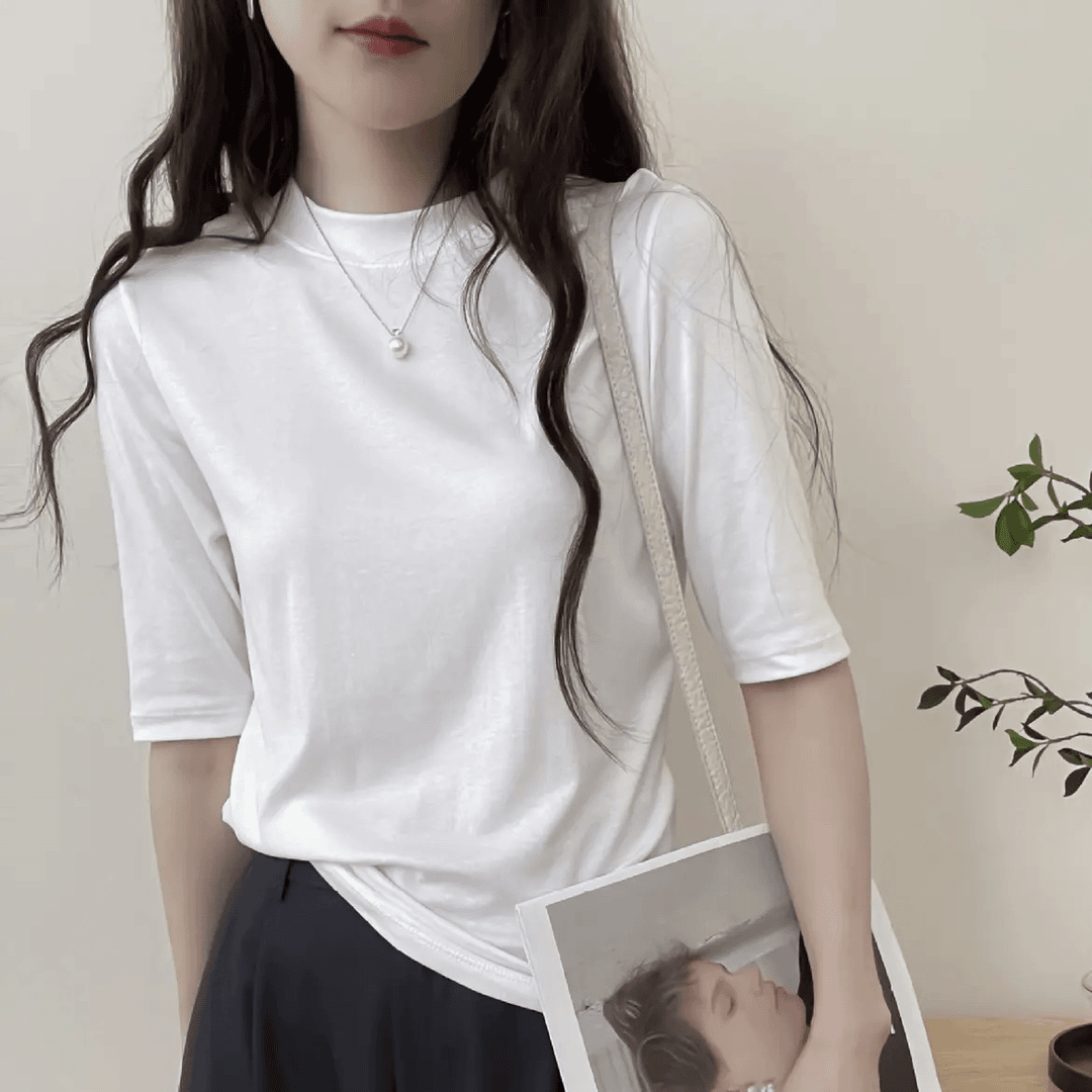 冠之琇 2024新品水溶细羊毛中袖针织百搭打底上衣