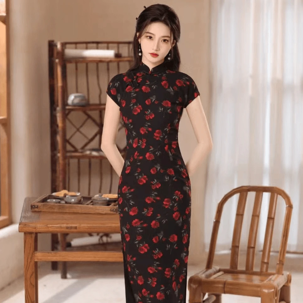 【铿锵玫瑰】中国风旗袍改良旗袍乔其纱日常休闲显瘦半开襟连衣裙ZD