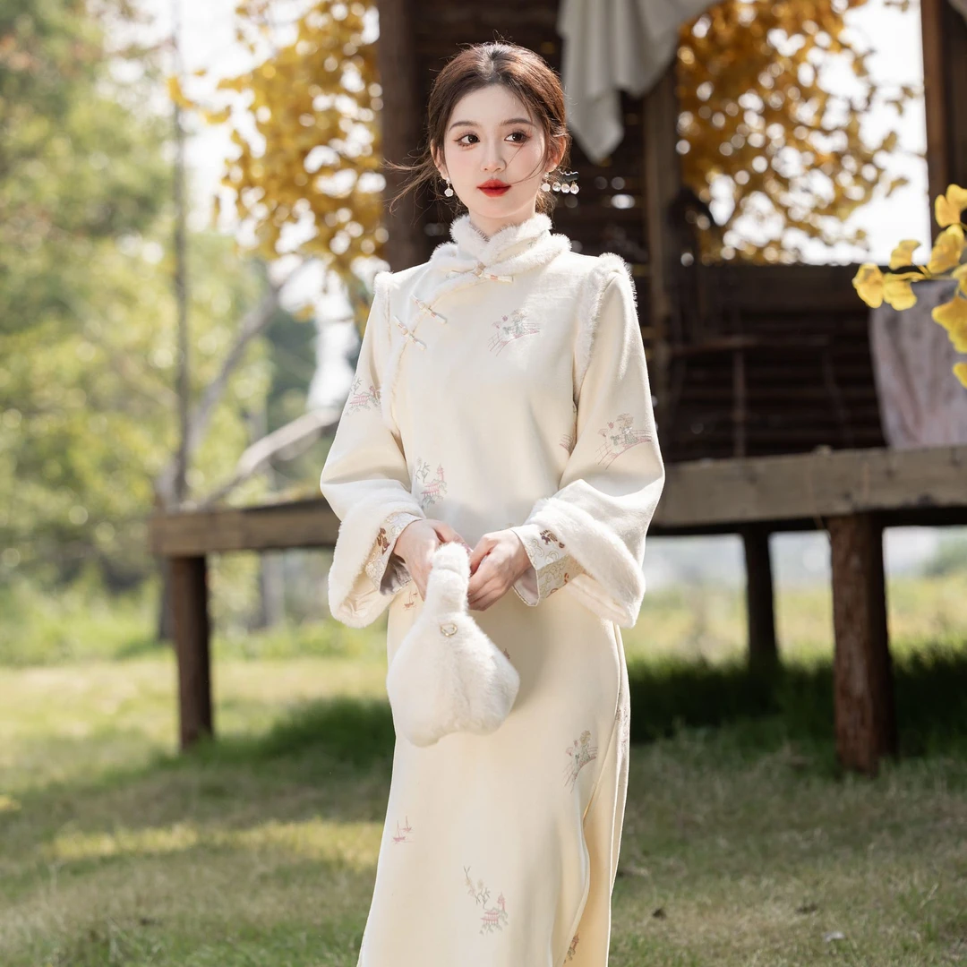 【蓝风铃】冬款改良中国风旗袍加绒加厚气质长袖少女风日常连衣裙