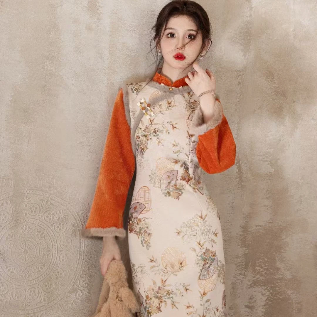 【花满枝】改良秋冬旗袍中国风气质少女中长款加绒加厚复古连衣裙