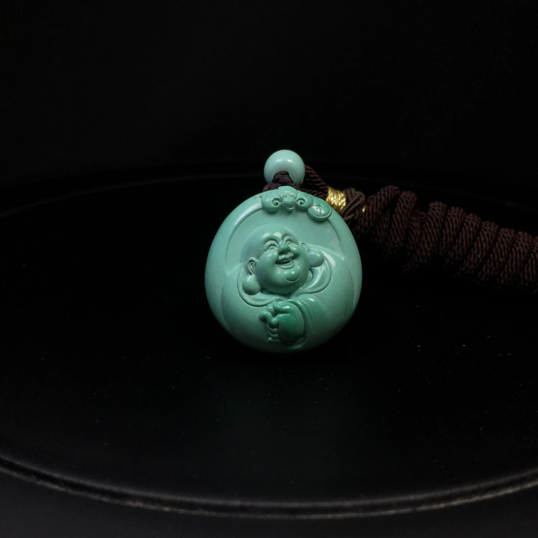 湖北天然原矿绿松石弥勒佛雕刻件吊坠项链挂件大师亲工佛牌配饰
