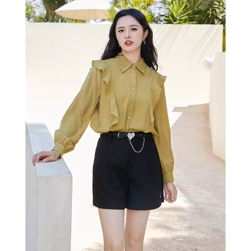 朵以2024新款夏法式高级感雪纺上衣女长袖荷叶边衬衫38DQ131039