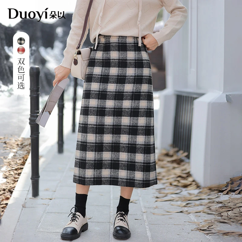 朵以2024冬季新款复古文艺英伦开叉格纹毛呢直筒半身裙38DD639018