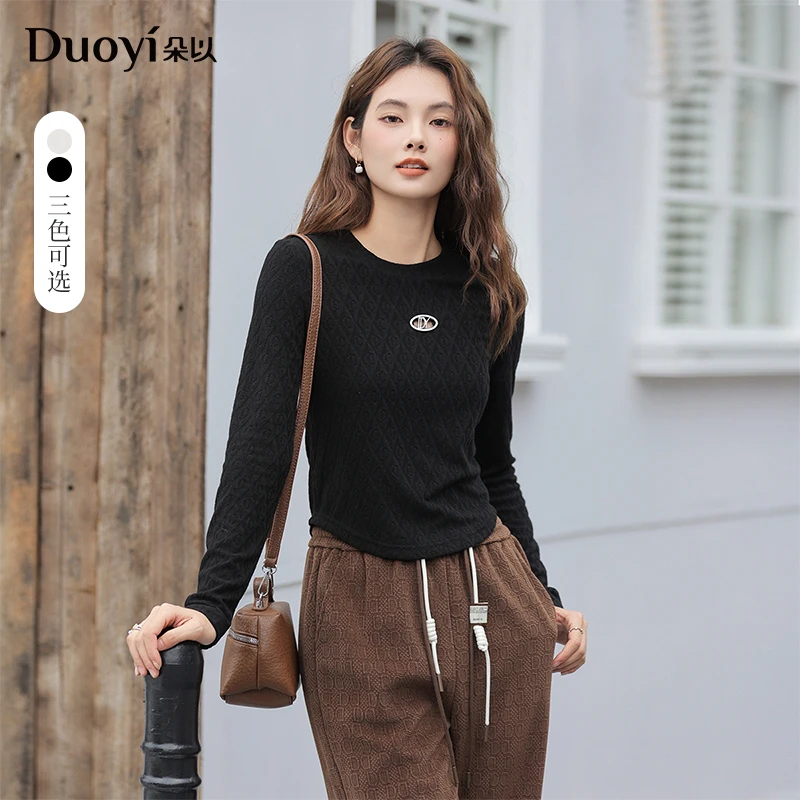 朵以2024冬季新款修身短款长袖T恤内搭圆领打底针织衫38DD330089