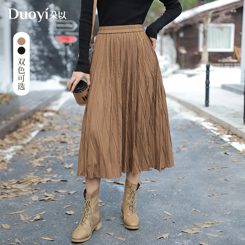 朵以2024冬装新款时尚肌理感褶皱松紧腰高腰A字大摆裙38DD635002
