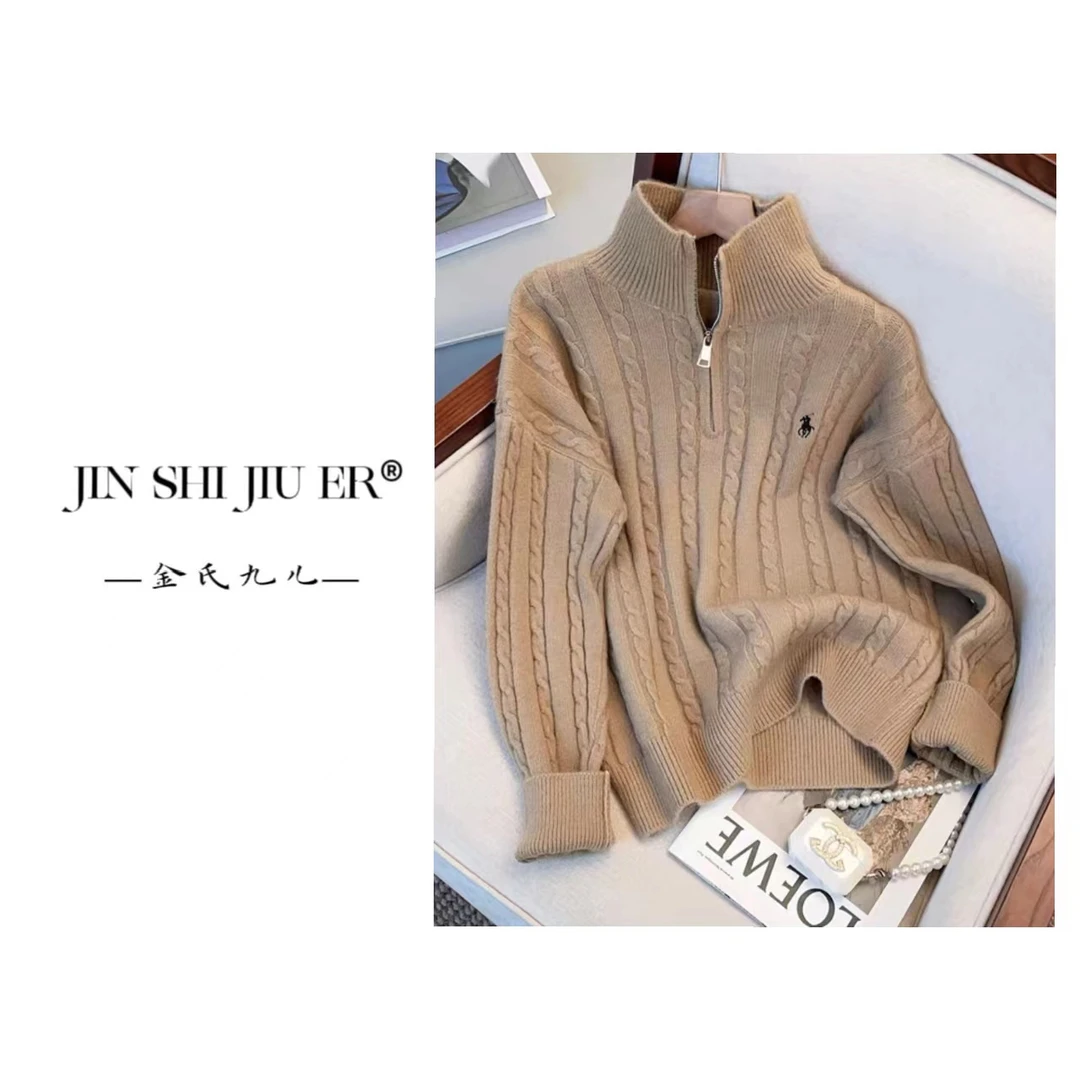 JIUER针织时尚宽松加厚秋冬立领麻花半拉链毛衣88113