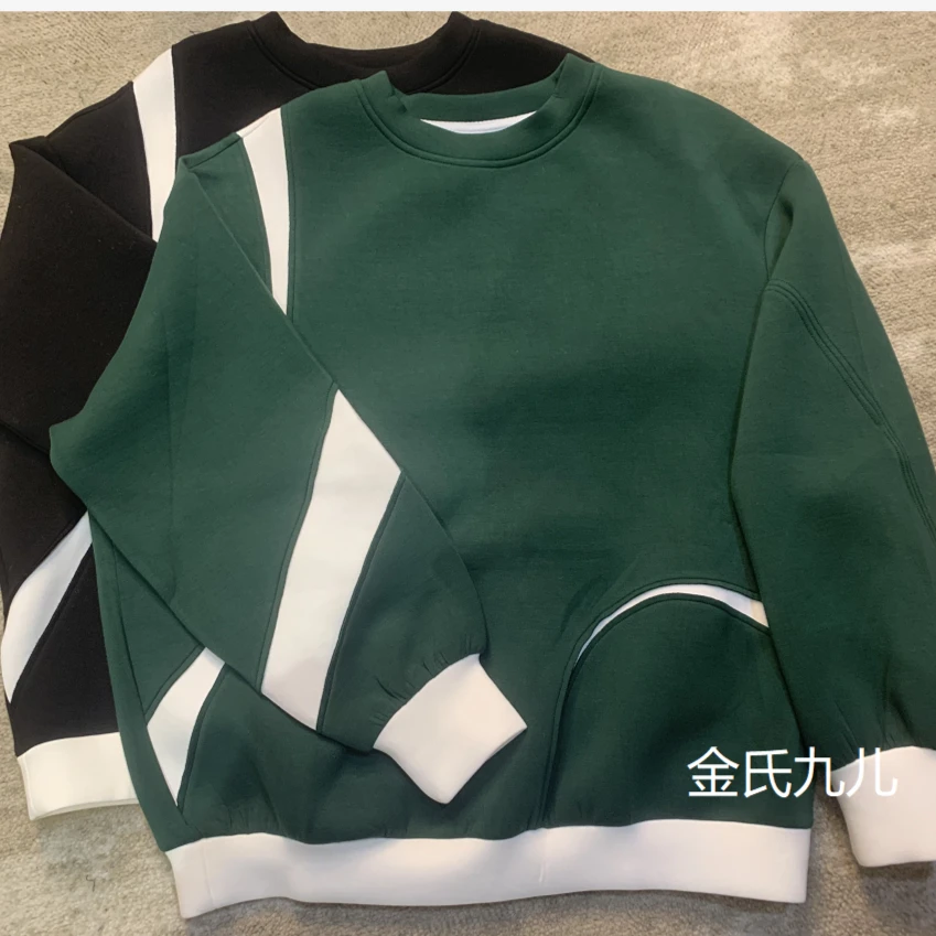 欧版黑绿拼白圆领卫衣80023