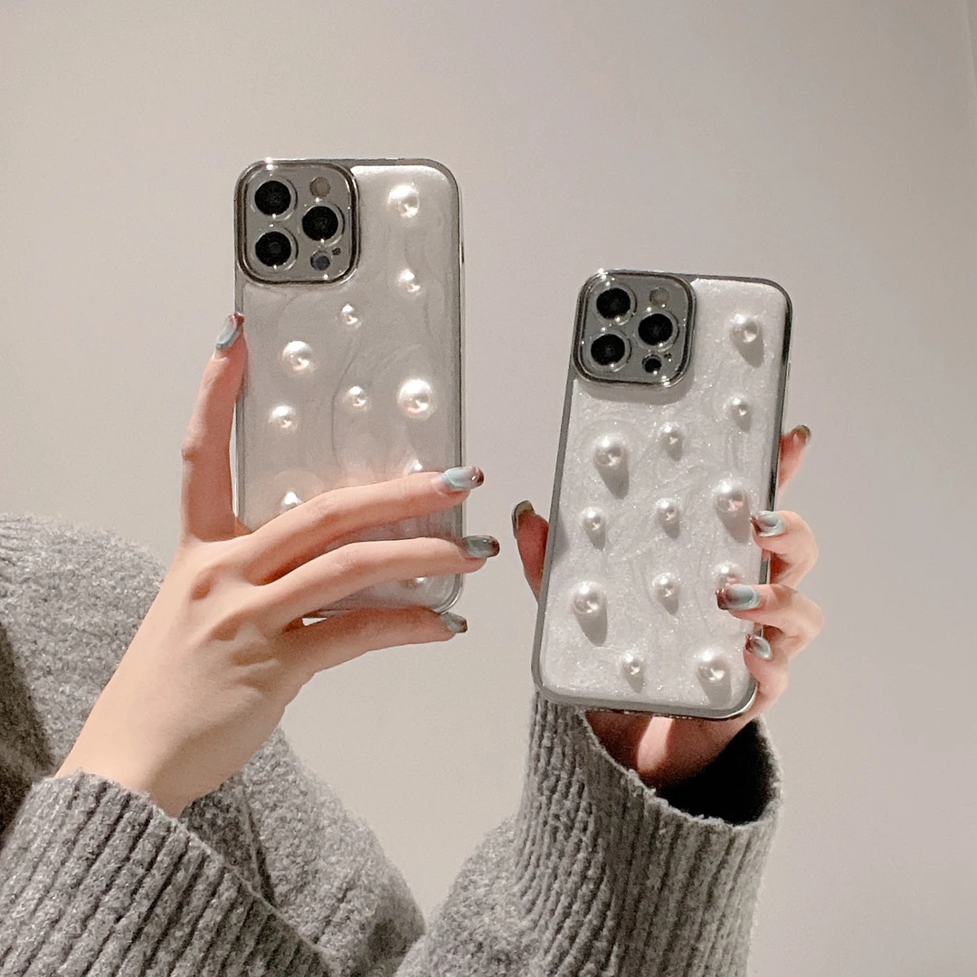 电镀边滴胶奶油珍珠适用iphone15pro手机壳15新款14pro防摔套女13